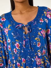 Roman Blue Floral Print Lace Detail Smock Dress - Image 5 of 5