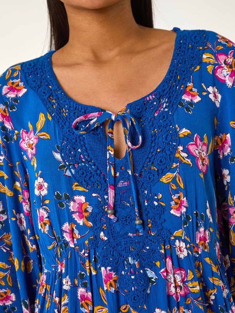 Roman Blue Floral Print Lace Detail Smock Dress - Image 5 of 5