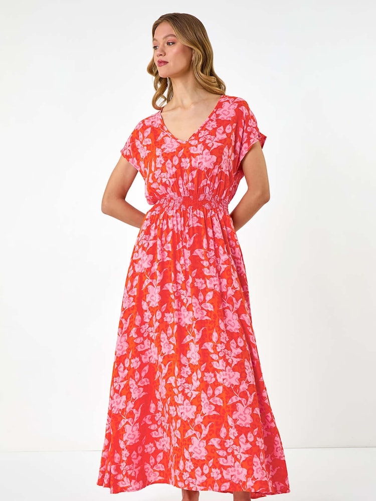 Roman Orange Floral Print Shirred Maxi Dress - Image 1 of 5