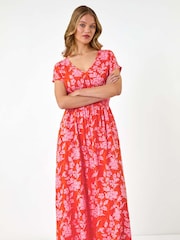 Roman Orange Floral Print Shirred Maxi Dress - Image 2 of 5