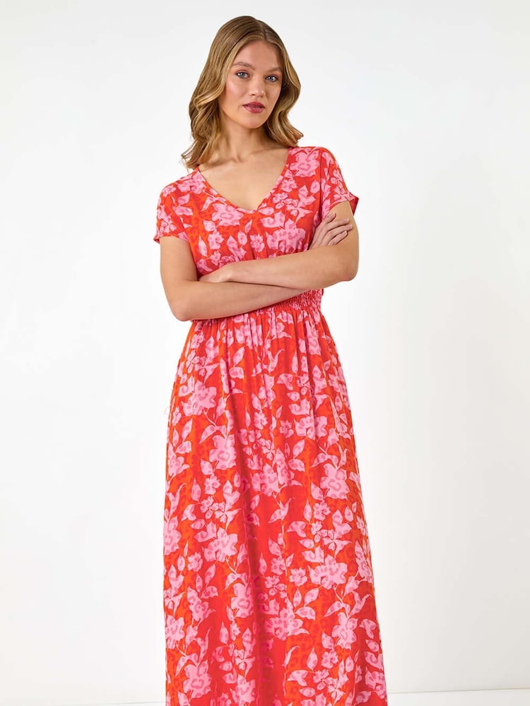 Roman Orange Floral Print Shirred Maxi Dress - Image 2 of 5