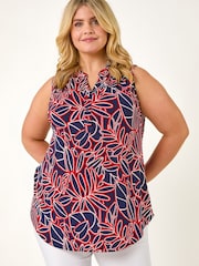 Roman Red Curve Textured Leaf Print Vest Top - Image 1 of 5