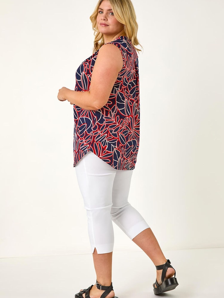 Roman Red Curve Textured Leaf Print Vest Top - Image 2 of 5