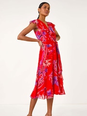 Roman Red Floral Print Ruffle Wrap Front Midi Dress - Image 1 of 4