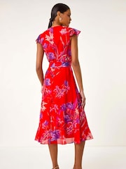 Roman Red Floral Print Ruffle Wrap Front Midi Dress - Image 3 of 4