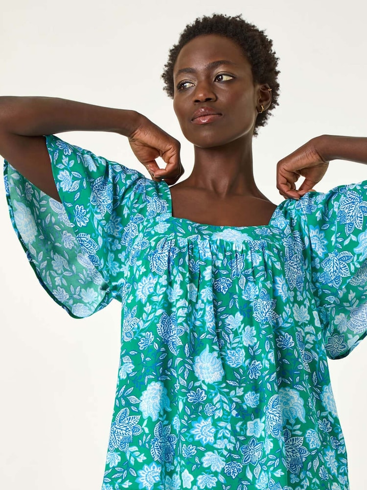 Roman Green Floral Print Square Neck Top - Image 1 of 4 Roman Green Floral Print Square Neck Top - Image 1 of 4