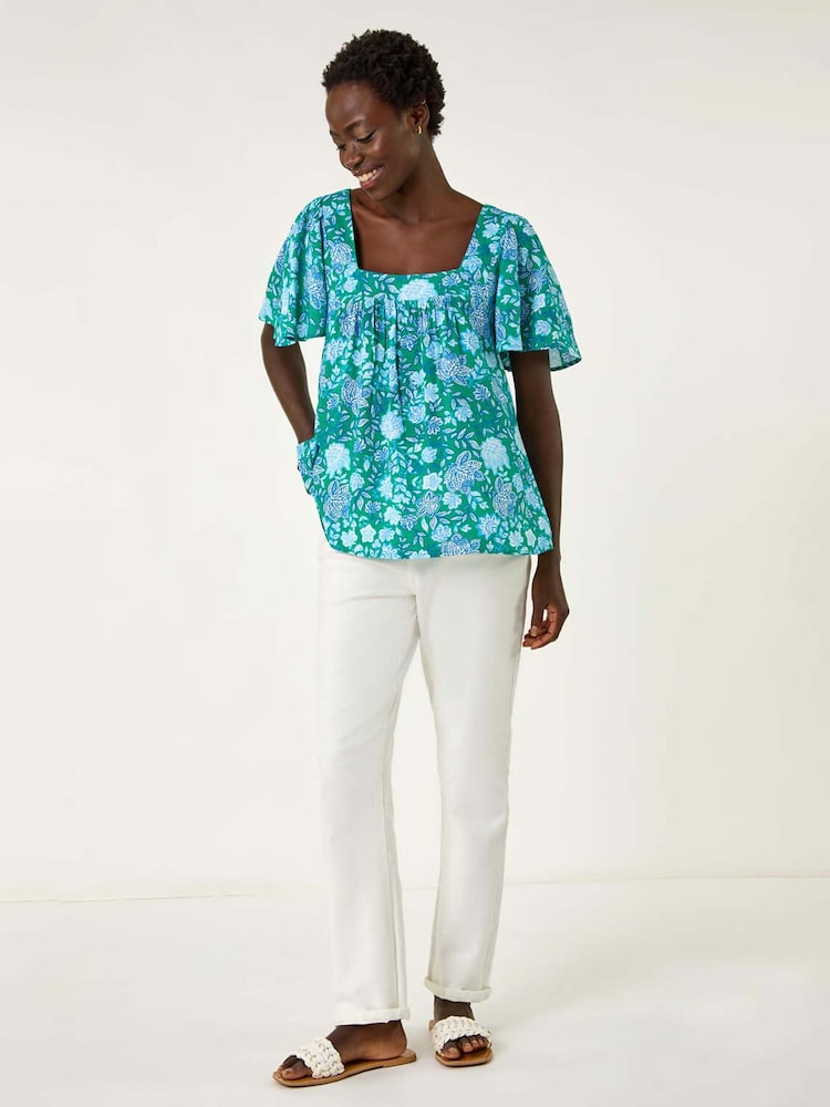 Roman Green Floral Print Square Neck Top - Image 2 of 4 Roman Green Floral Print Square Neck Top - Image 2 of 4