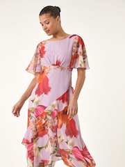 Roman Pink Floral Painted Frill Midi Dress - Image 2 of 5