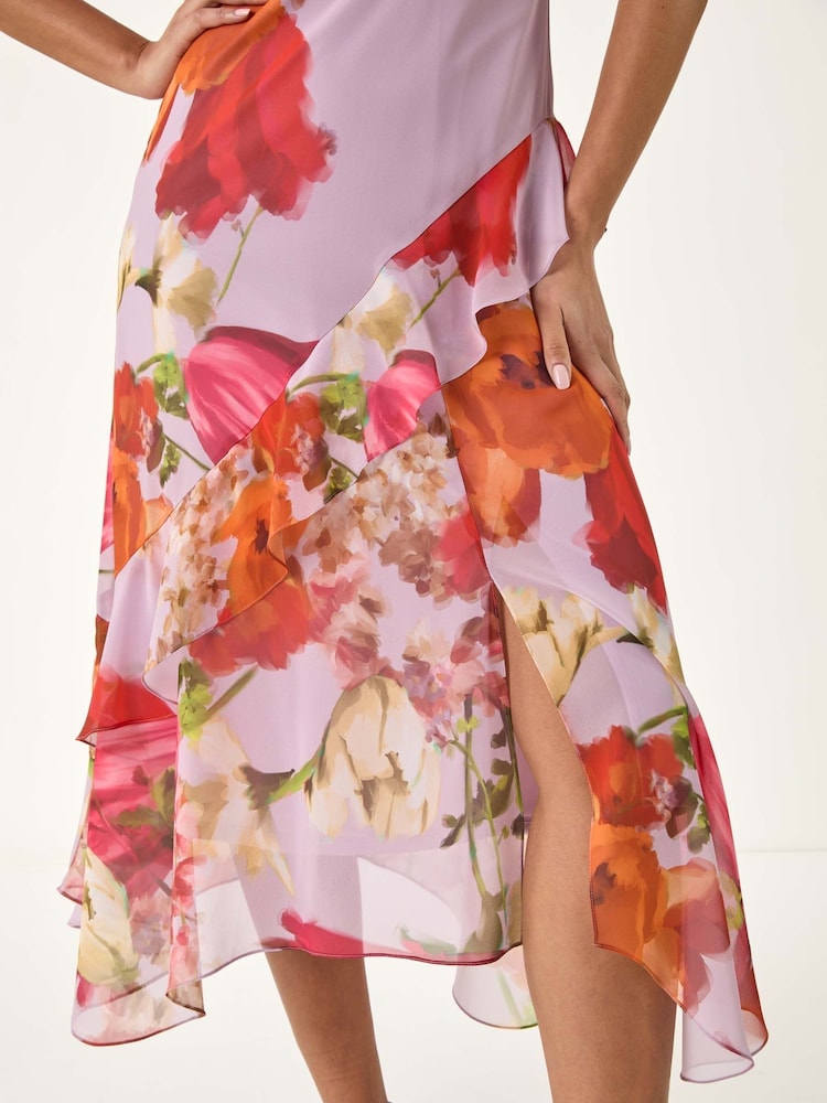 Roman Pink Floral Painted Frill Midi Dress - Image 5 of 5
