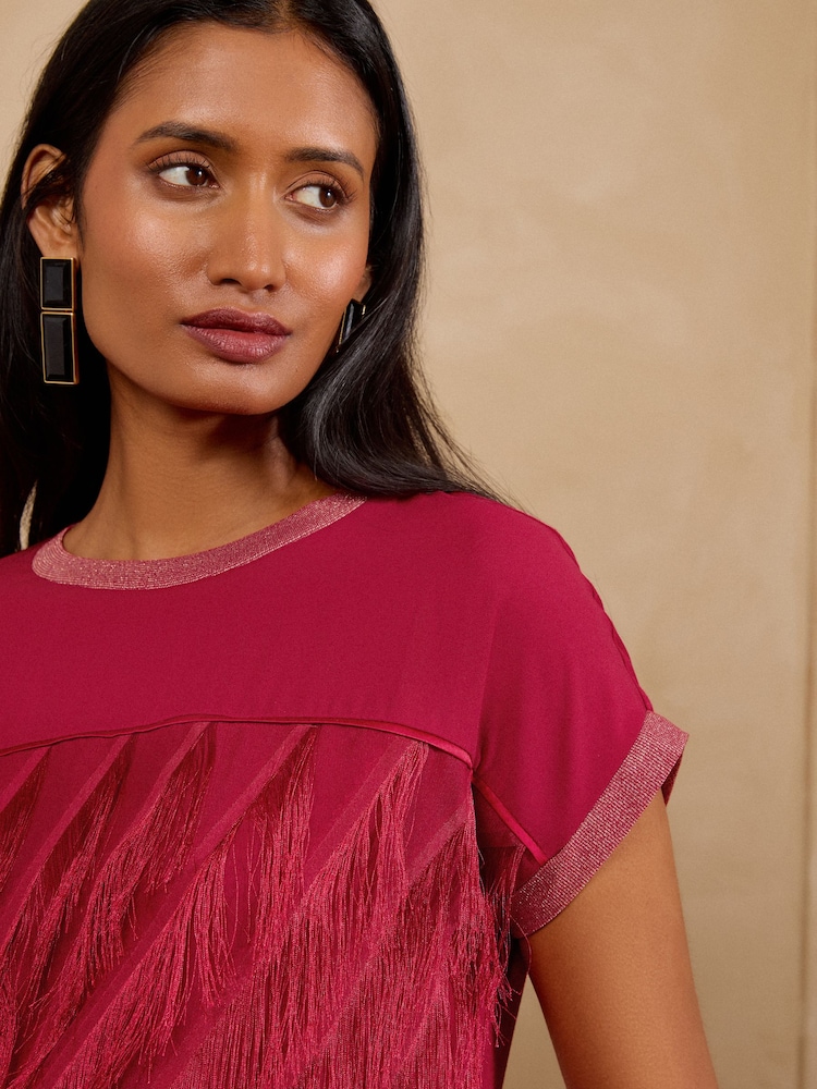 Love & Roses Red Fringe Detail Jersey Top - Image 2 of 4 Love & Roses Red Fringe Detail Jersey Top - Image 2 of 4