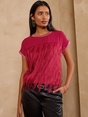 Love & Roses Red Fringe Detail Jersey Top - Image 3 of 4