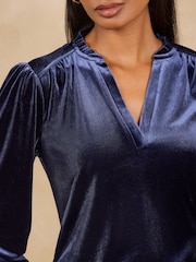 Love & Roses Navy Blue Velvet Notch Neck Long Sleeve Top - Image 2 of 4