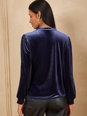 Love & Roses Navy Blue Velvet Notch Neck Long Sleeve Top - Image 4 of 4