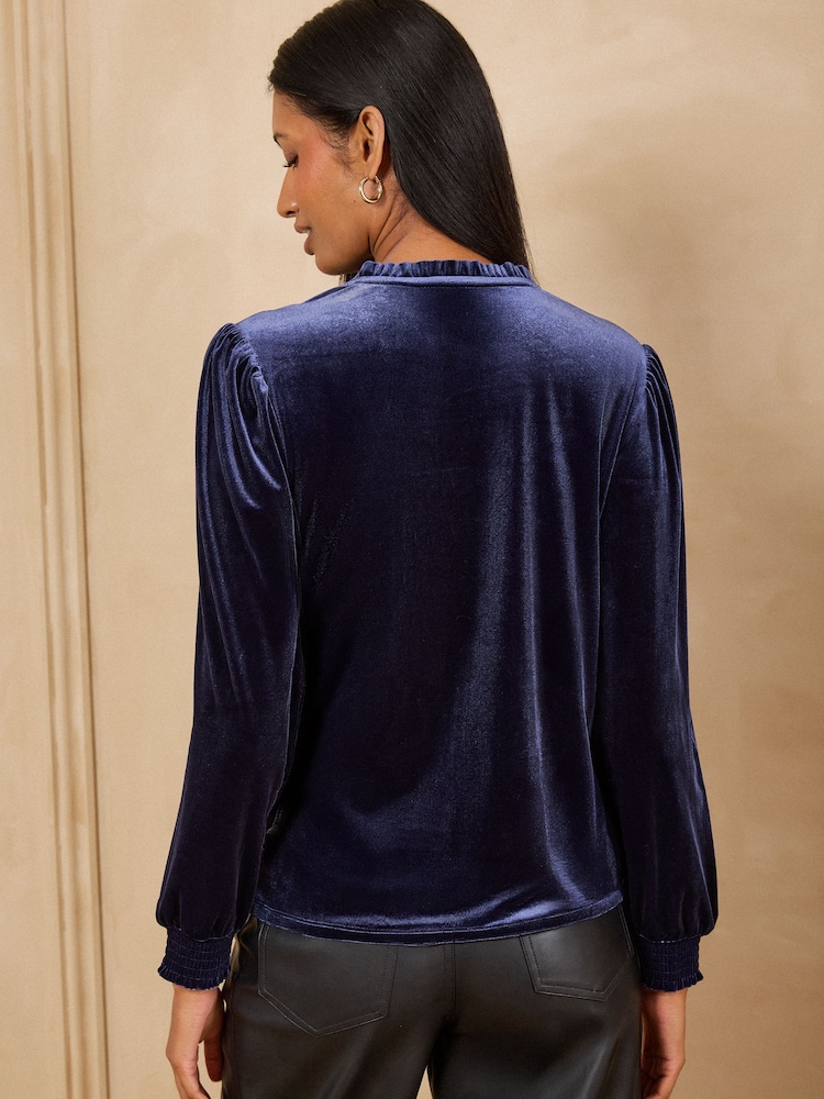 Love & Roses Navy Blue Velvet Notch Neck Long Sleeve Top - Image 4 of 4