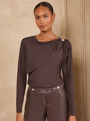 Love & Roses Chocolate Brown Hardwear Cape Long Sleeve Jersey Top - Image 1 of 6