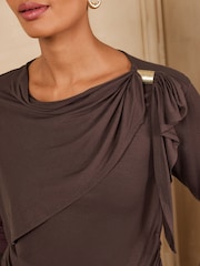 Love & Roses Chocolate Brown Hardwear Cape Long Sleeve Jersey Top - Image 2 of 6
