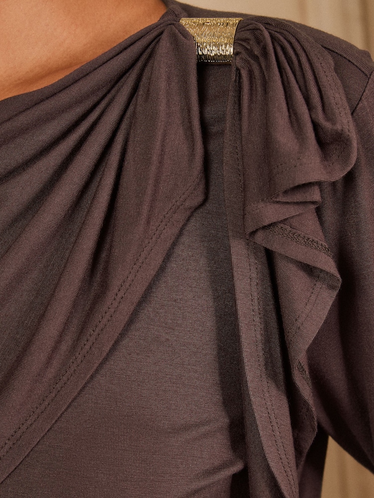 Love & Roses Chocolate Brown Hardwear Cape Long Sleeve Jersey Top - Image 6 of 6