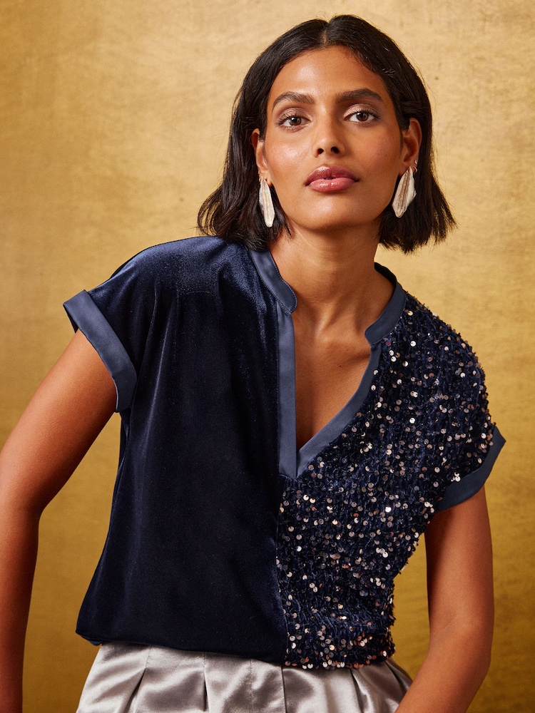 Love & Roses Navy Blue Velvet Sequin Notch Neck T-Shirt - Image 1 of 5