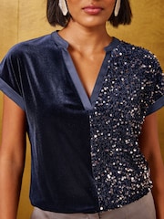 Love & Roses Navy Blue Velvet Sequin Notch Neck T-Shirt - Image 2 of 5