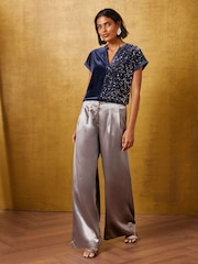 Love & Roses Navy Blue Velvet Sequin Notch Neck T-Shirt - Image 3 of 5