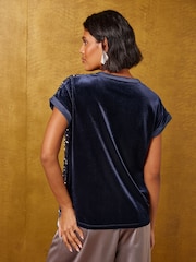 Love & Roses Navy Blue Velvet Sequin Notch Neck T-Shirt - Image 4 of 5