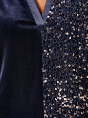 Love & Roses Navy Blue Velvet Sequin Notch Neck T-Shirt - Image 5 of 5