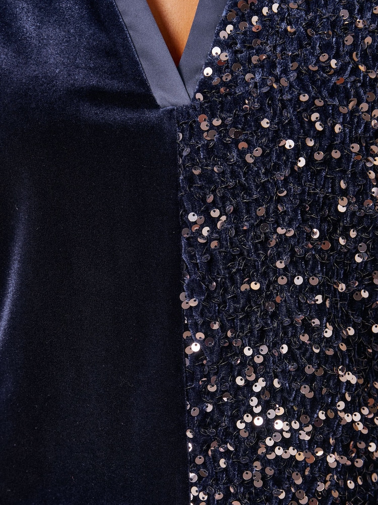 Love & Roses Navy Blue Velvet Sequin Notch Neck T-Shirt - Image 5 of 5