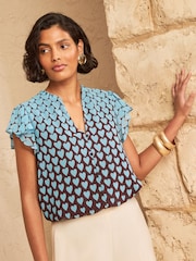 Love & Roses Chocolate Brown Blue Heart Petite Long Sleeve Pussybow Blouse - Image 1 of 4