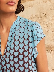 Love & Roses Chocolate Brown Blue Heart Petite Long Sleeve Pussybow Blouse - Image 2 of 4