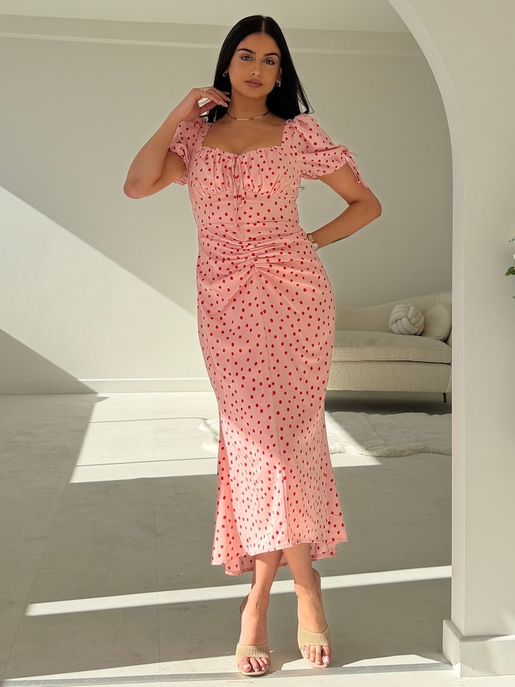 Girl In Mind Pink Dove Ruched Detail Midi Dress - Image 1 of 5 Girl In Mind Pink Dove Ruched Detail Midi Dress - Image 1 of 5
