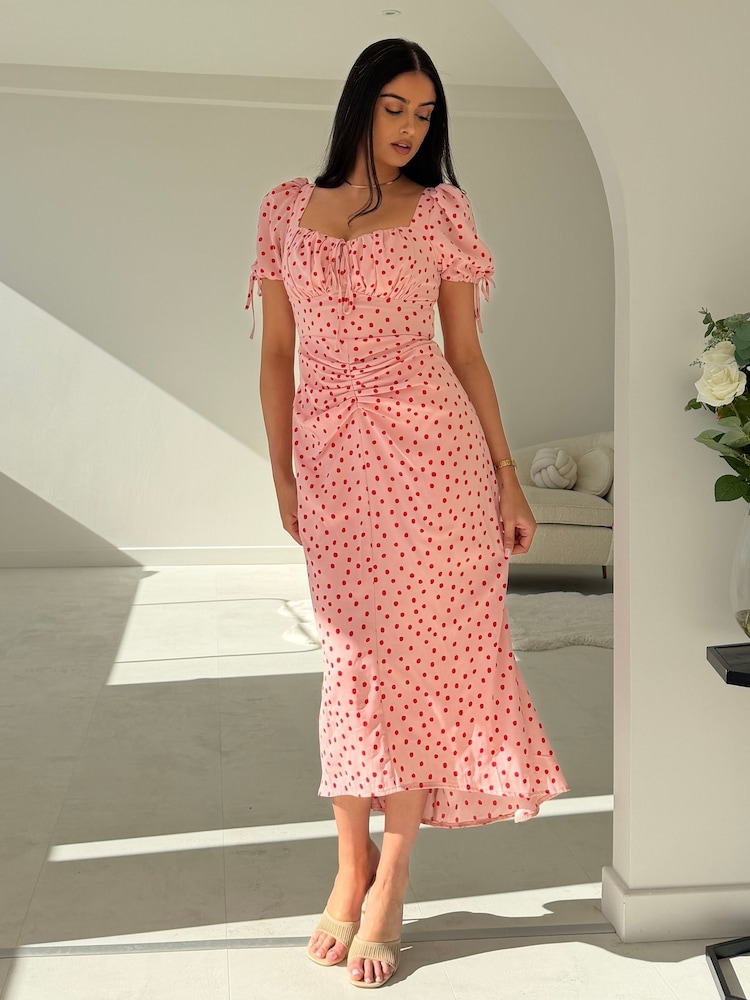 Girl In Mind Pink Dove Ruched Detail Midi Dress - Image 2 of 5 Girl In Mind Pink Dove Ruched Detail Midi Dress - Image 2 of 5