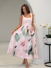 Girl In Mind Pink Erica Square Neck Pleated Midi Dress - Image 3 of 5