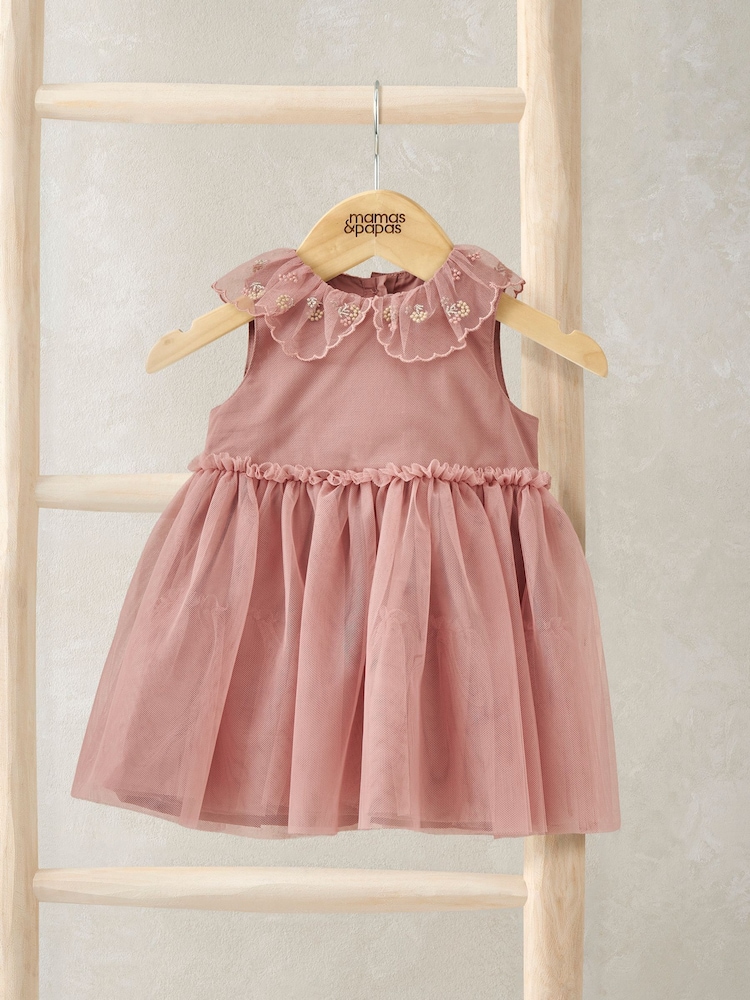 Mamas & Papas Pink Floral Embroidered Collar Mesh Dress - Image 1 of 2