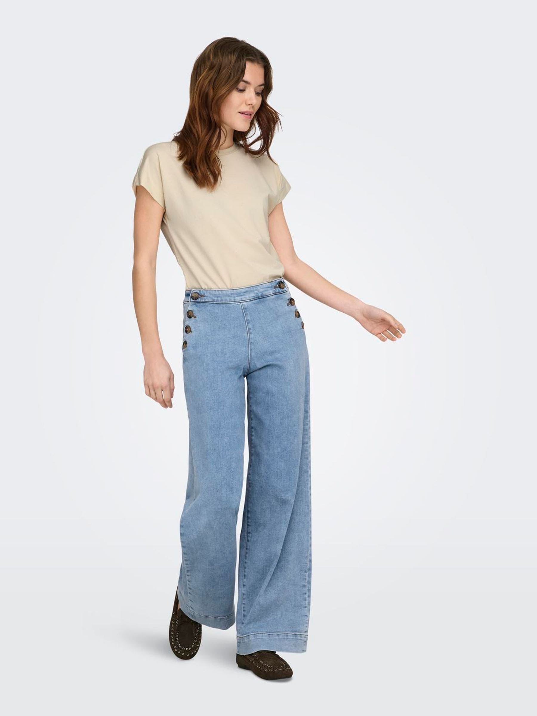 Only Women's Blue High Waist Wide Leg Button Front Jeans With Super Stretch