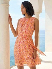 Roman Orange Floral Shimmer Tie Waist Dress - Image 1 of 6