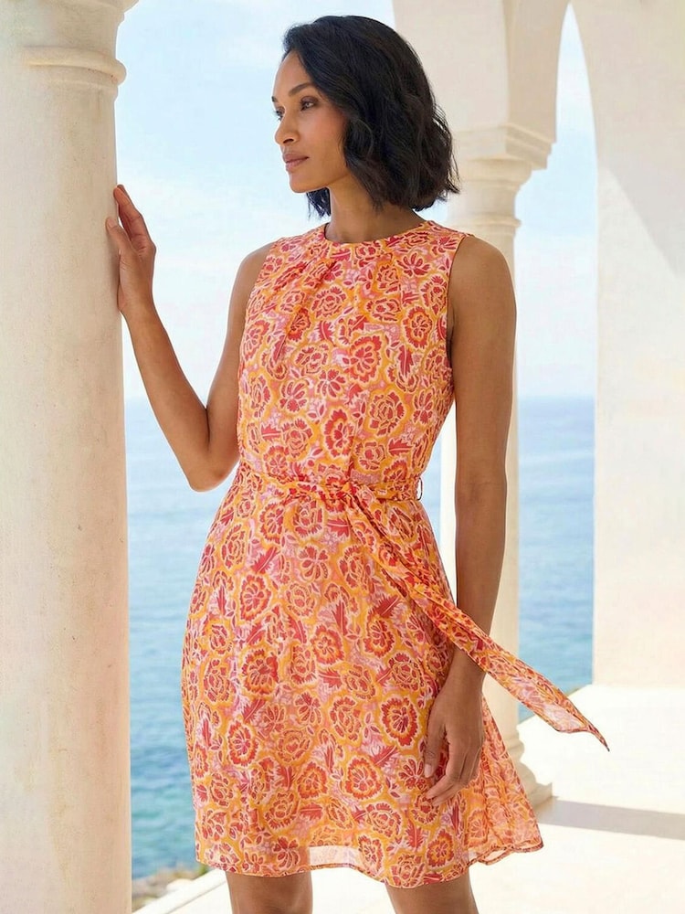 Roman Orange Floral Shimmer Tie Waist Dress - Image 1 of 6