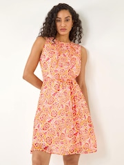 Roman Orange Floral Shimmer Tie Waist Dress - Image 2 of 6