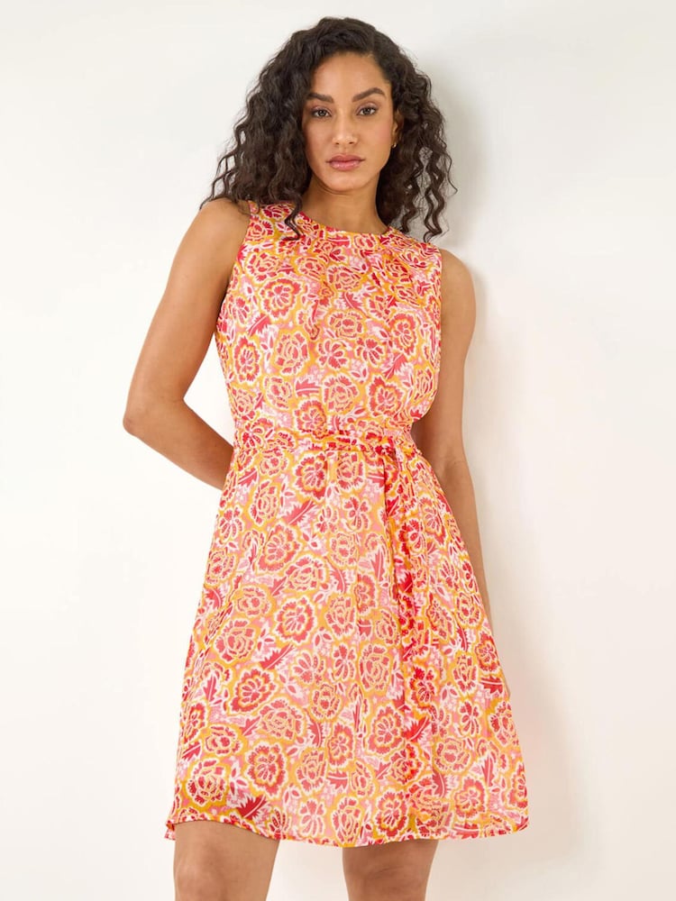 Roman Orange Floral Shimmer Tie Waist Dress - Image 2 of 6