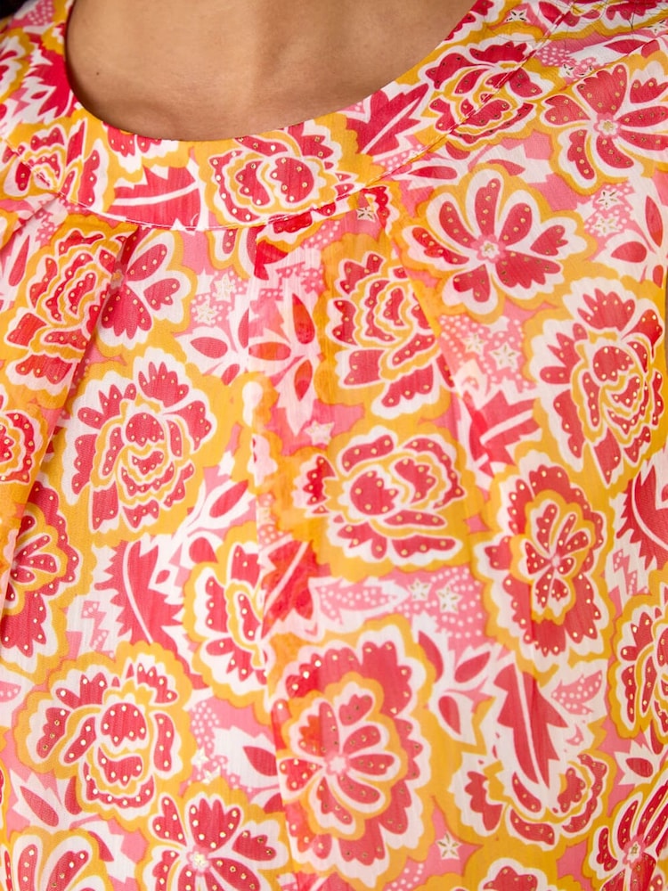 Roman Orange Floral Shimmer Tie Waist Dress - Image 6 of 6