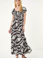 Roman Black Leaf Print Shirred Maxi Dress - Image 1 of 5
