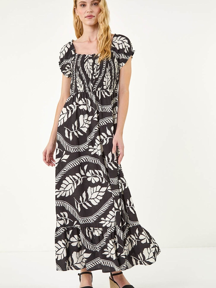 Roman Black Leaf Print Shirred Maxi Dress - Image 1 of 5 Roman Black Leaf Print Shirred Maxi Dress - Image 1 of 5