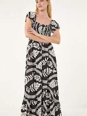 Roman Black Leaf Print Shirred Maxi Dress - Image 2 of 5