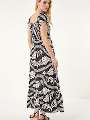 Roman Black Leaf Print Shirred Maxi Dress - Image 3 of 5