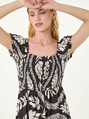 Roman Black Leaf Print Shirred Maxi Dress - Image 4 of 5