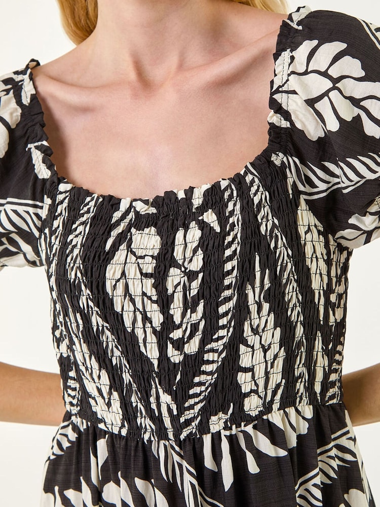 Roman Black Leaf Print Shirred Maxi Dress - Image 5 of 5 Roman Black Leaf Print Shirred Maxi Dress - Image 5 of 5
