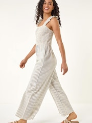 Roman Cream Stripe Frill Jumpsuit - Image 1 of 5