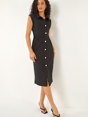 Roman Black Collared Ribbed Midi Dress - Image 1 of 1