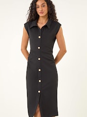 Roman Black Collared Ribbed Midi Dress - Image 4 of 6