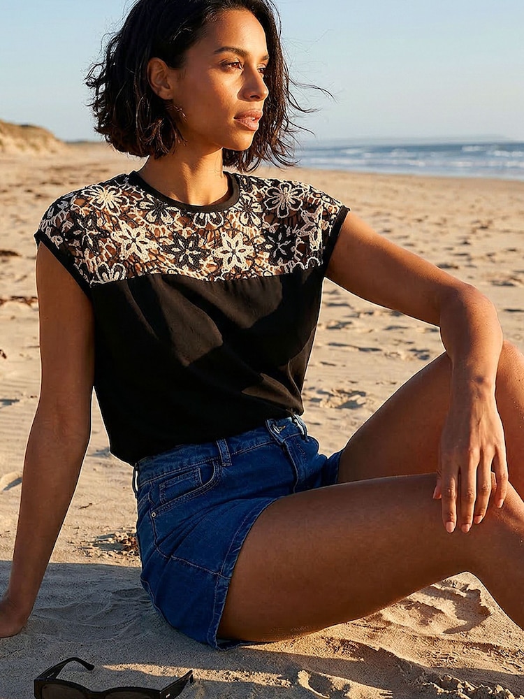 Roman Black Cotton Floral Crochet T-Shirt - Image 1 of 5