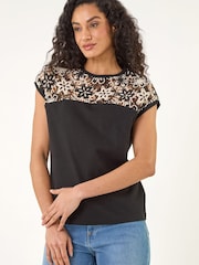 Roman Black Cotton Floral Crochet T-Shirt - Image 4 of 5